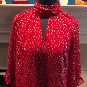 Vince Camuto Blouse Size Small Red Gold High V-Neck 3/4 Flutter Sleeves Lined= L
